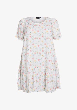 Blumenmusterkleid mit kurzen Ärmeln, rundem Halsausschnitt und gestaffeltem Saum. Die Farben umfassen Weiß, Rosa, Gelb und Grün auf einem leichten Stoff.