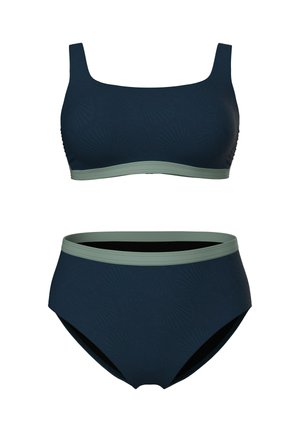 Costume da bagno a due pezzi blu navy con spalline larghe e fascia in vita grigio chiaro sulla parte superiore e inferiore, caratterizzato da una texture sottile a motivo di conchiglie.