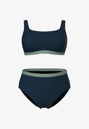 Dwuczęściowy kostium kąpielowy w granatowym kolorze z szerokimi ramiączkami i jasnoszarym paskiem w talii zarówno na górze, jak i na dole, z delikatnym wzorem muszli.