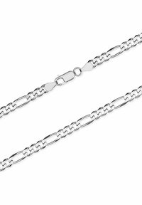 Silberne Kettenhalskette mit verbundenen ovalen und runden Formen, polierte Oberfläche und einem sicheren Verschluss.