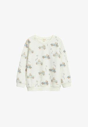 Jasnokremowa bluza o miękkiej fakturze z nadrukiem niebieskich klasycznych samochodów i niedźwiadków, z zaokrąglonym dekoltem i ściągaczami.