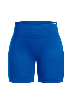 Blauwe sportshorts met een brede, zachte tailleband. Glad, rekbaar materiaal met een aansluitend ontwerp en zonder zichtbare patronen of accenten.