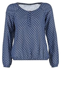 Mörkblå långärmad blus med ett cirkulärt mönster, rund halsringning och knappdetaljer, samt elastisk nederkant och manschetter.