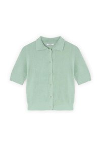 Mintgrön kortärmad kofta i mjukt, texturerat tyg med krage och knäppning fram med synliga knappar.