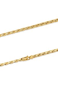 Gold chain necklace with a twisted design, featuring a secure clasp and smooth, reflective surface. Length promotes versatility in wear.