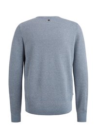 Pull en tricot bleu clair à manches longues, tissu texturé, poignets et ourlet côtelés, vu de dos sur fond blanc.