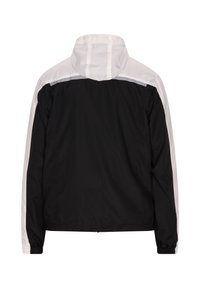 Black and white outdoor jacket featuring a hood, elastic cuffs, and a smooth texture with a contrasting white stripe across the shoulders.