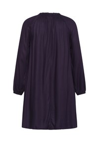 Purple long-sleeve dress with a gathered neckline and loose fit, featuring a smooth texture and a straight hemline. No patterns or hardware.
