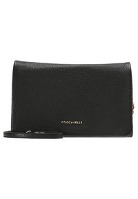 Czarny skórzany portfel o fakturze z drobnymi kropeczkami. Posiada złote logo i odpinany pasek. Zapięcie znajduje się z boku i jest na zamek błyskawiczny.