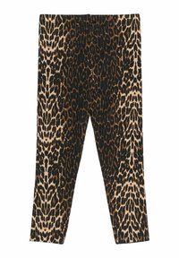 Leggings s uzorkom leoparda koji sadrže crnu i bež paletu boja, izrađene od rastezljivog materijala, sa uskim krojem i elastičnom gumom u struku.