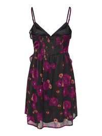 Robe noire sans manches avec fines bretelles, corsage smocké et motif floral violet et marron.