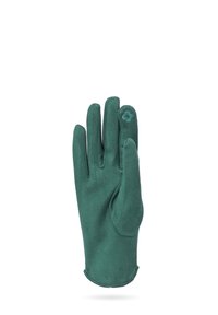 Guanto di tessuto turchese con una texture liscia, cinque dita e un piccolo accento floreale sul dito indice. Adatto per condizioni meteorologiche moderate.