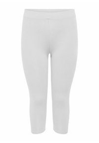 Hellgraue Capri-Leggings aus dehnbarem Material. Sie verfügen über einen breiten, flachen Bund und eine glatte Textur ohne sichtbare Muster oder Akzente.