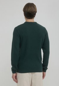 Grüner Strickpullover mit einem strukturierten Muster, Rundhalsausschnitt und gerippten Bündchen und Saum. Getragen mit hellen Hosen.
