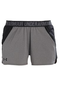 Grå sportshorts med svarta sidor, elastisk midjeband med "UNDER ARMOUR"-logotyp, lättviktigt tyg och sömnadsdetaljer.