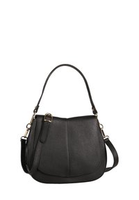 Zwarte leren handtas met een gestructureerde vorm, voorzien van een bovenste handvat en een afneembare schouderband. Textuur oppervlak en gouden hardware.