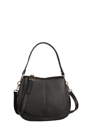 Schwarze Lederhandtasche mit strukturiertem Design, ausgestattet mit einem oberen Griff und abnehmbarem Schultergurt. Texturierte Oberfläche und hardware in goldfarbig.