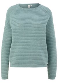 Pull tricoté bleu clair à manches longues avec texture côtelée horizontale et col rond en taille petite.