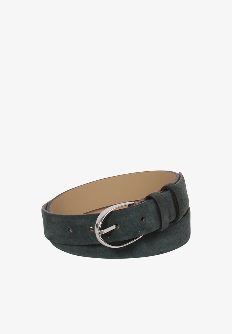 Green suede belt featuring a smooth texture, a silver metal buckle, and several adjustment holes along the length.