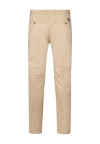 Beige katoenen chino's met een rechte snit, voorzien van twee zijzakken, twee achterzakken met knoopsluitingen en een tailleband met lussen voor een riem.