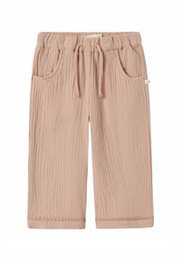 Pantalons de lounge en coton respirant, de couleur rose clair, avec un motif texturé en côtes, une taille élastique, un cordon de serrage et deux poches latérales.