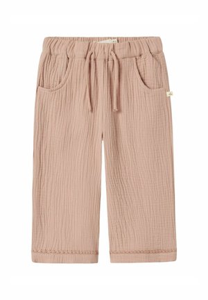 Pantaloni lounge in cotone traspirante di colore rosa chiaro, con un motivo a coste testurizzato, vita elastica, cordoncino e due tasche laterali.