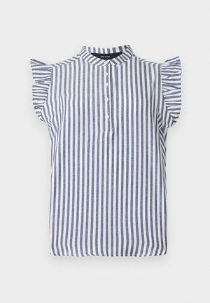 Sleeveless blouse with vertical navy blue and white stripes, ruffled shoulder details, a round collar, and a four-button placket.