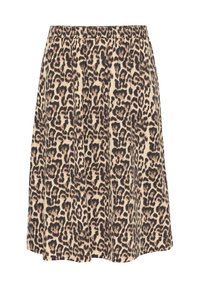 Jupe en imprimé léopard en tissu léger avec une taille élastique, présentant une forme évasée et une texture douce, dans des nuances de beige et de marron.