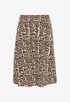 Leopardprintrok van lichtgewicht stof met een elastische tailleband, met een uitlopende vorm en zachte textuur, in tinten van beige en bruin.