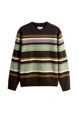 Pulover maro cu dungi orizontale în verde, auriu, mov și alb. Are guler rotund și manșete și tiv striați. Textură moale.