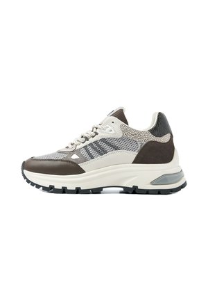 Sneakers featuring a mix of beige, brown, and gray materials, including mesh and faux leather. Thick, textured sole with a black tread pattern.