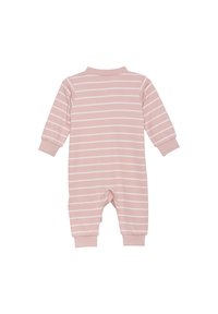 Lyserød stribet babybody med lange ærmer, ribbede manchetter og rund halsudskæring. Blødt bomuldsstof med vandrette hvide striber.