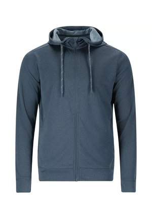 Chaqueta para hombre de color azul oscuro con capucha, cremallera completa, cordones, forro de malla, mangas largas y bolsillos laterales.
