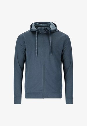 Giacca da uomo blu scuro con cappuccio, chiusura integrale con zip, coulisse e fodera in rete, maniche lunghe e tasche laterali.
