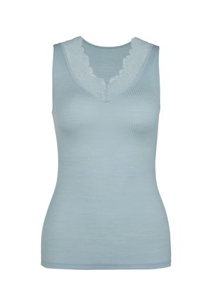 Lichtblauw mouwloos topje met een geribbelde textuur en kantafwerking rond de halslijn. Beschikt over een aansluitend ontwerp en een gladde afwerking.