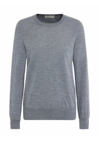 Jasnoszary sweter wykonany z miękkiego dzianinowego materiału, z okrągłym dekoltem, długimi rękawami oraz ściągaczami na mankietach i dole. Prosty, klasyczny design.