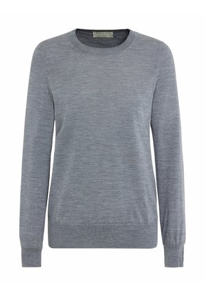 Lichtgrijze trui gemaakt van zacht gebreid materiaal, met een ronde hals, lange mouwen en geribbelde boorden en zoom. Simpel, klassiek ontwerp.