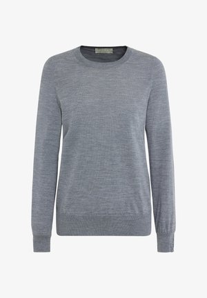 Lichtgrijze trui gemaakt van zacht gebreid materiaal, met een ronde hals, lange mouwen en geribbelde boorden en zoom. Simpel, klassiek ontwerp.