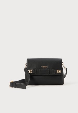 Black leather crossbody bag with a structured design, gold hardware accents, and a prominent logo on the front. Adjustable strap included.