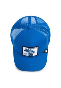 Blue cap with mesh back, flat brim, and embroidered patch featuring a bird design. Adjustable strap on the back for sizing.