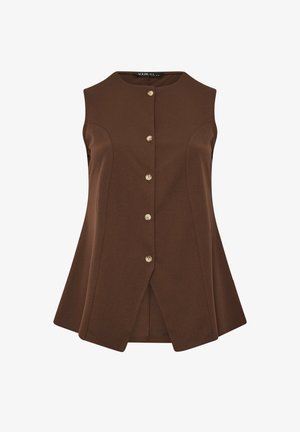 Sleeveless brown button-up top with flared sides, round neckline, and five beige buttons down the front.