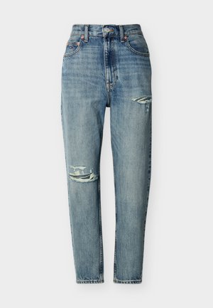 Blaue hoch taillierte Slim-Fit-Jeans mit Used-Details am rechten Oberschenkel und am linken Knie, ausgestattet mit Vordertaschen und einem Knopfverschluss.