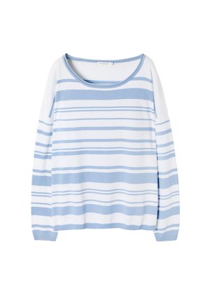 Pull à rayures en bleu clair et blanc, avec un décolleté arrondi et des poignets côtelés, fabriqué à partir d'un matériau en tricot doux.