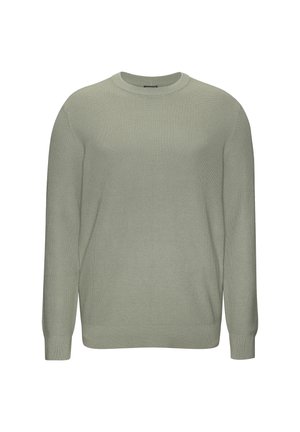 Helles grün gestricktes Sweatshirt mit Rundhalsausschnitt, langen Ärmeln sowie gerippten Bündchen und Saum. Strukturmuster über den gesamten Stoff.