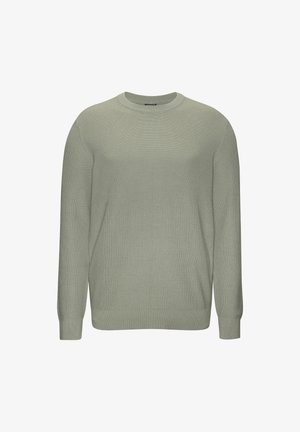 Helles grün gestricktes Sweatshirt mit Rundhalsausschnitt, langen Ärmeln sowie gerippten Bündchen und Saum. Strukturmuster über den gesamten Stoff.