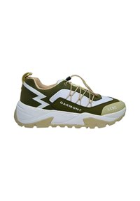 Green and white athletic shoes with a textured upper, lace-up design, and chunky beige sole. Features the brand name "Garmont."