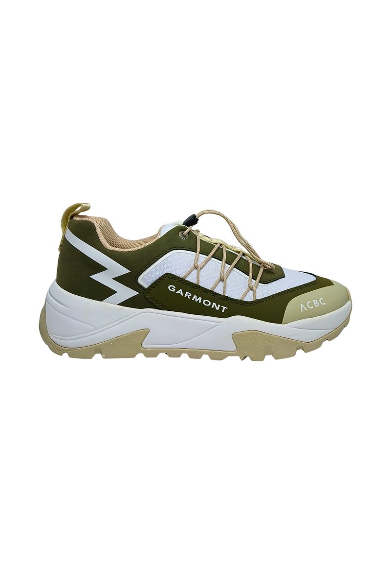 Green and white athletic shoes with a textured upper, lace-up design, and chunky beige sole. Features the brand name "Garmont."