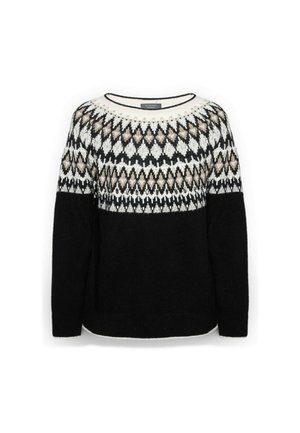 Maglione nero con motivo a diamante geometrico beige, bianco e nero su petto e parte superiore delle maniche, scollo rotondo con piccole decorazioni.