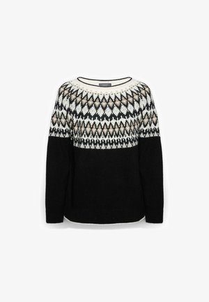 Maglione nero con motivo a diamante geometrico beige, bianco e nero su petto e parte superiore delle maniche, scollo rotondo con piccole decorazioni.