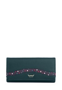 Teal faux leather wallet with a wavy design. Features a polka dot band in purple, pink, and cream. Includes gold logo detail.